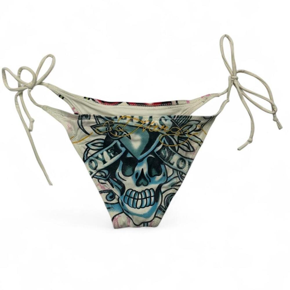 Y2K Ed Hardy bikini bottoms blue skull graphic and 'LOVE' and HATE' text size M